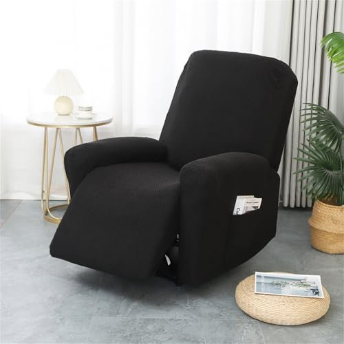Hearda Funda Sillon Relax Reclinable, Jacquard Negro Funda Sillon Relax 1 Plaza, Elástica 4 Piezas Funda para Sofá Reclinable con Bolsillos Laterales Extraíble