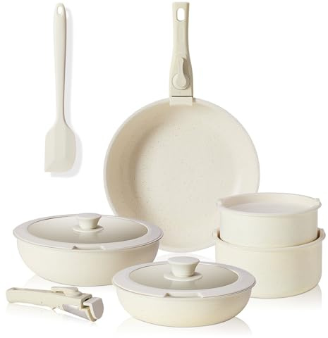 Sweetcrispy Töpfe und Pfannen Set,12-teiliges Pfannenset mit abnehmbaren Griffen Set, Pfanne 20/26 cm, Topf 18/20 cm, Bratpfanne 26 cm, Antihaftbeschichtung, Kochtopf stapelbar Induktion, Backofenfest