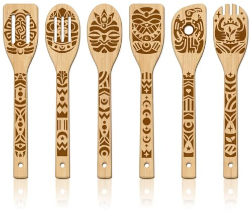 GLOBLELAND 6 Pièces Ensemble Ustensiles de Cuisine en Bois Tribu Totem Antique Cuillères Sculptés en Bambou Spatules Gravées en Bois pour Mère l'amie Femmes Cadeau de Pendaison de Crémaillère Amusant