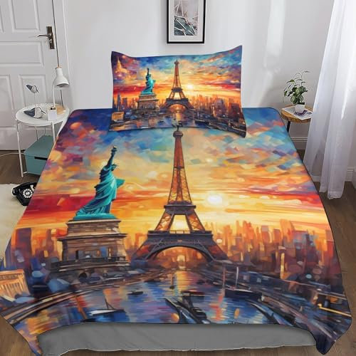 Statue of Liberty Bettbezug Satin Bettwäsche Reißverschluss Bed Linen Sets Mit Kissenbezüge: 48 Cm X 75 Cm Eiffel Tower Bettdeckenbezug Wärme Zum Schlafen Duvet Cover Set Single（135x200cm）