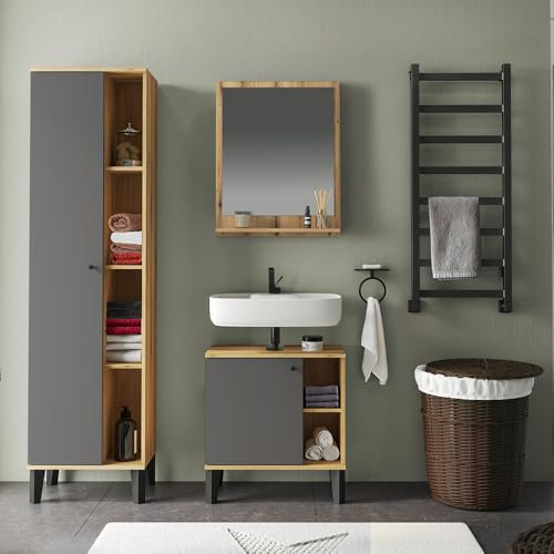 Lomadox Badmöbel-Set 3-teilig mit Waschbeckenunterschrank 60 cm, in Eiche mit grau, modern