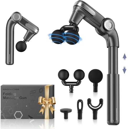 KingPavonini Foldable Massage Gun with Dual-Ball Head, Adjustable Head & Extendable Handle, Handheld Back Massage Gun Deep Tissue for Pain Relief, Portable Percussion Massager Gun, Gift for Men Women