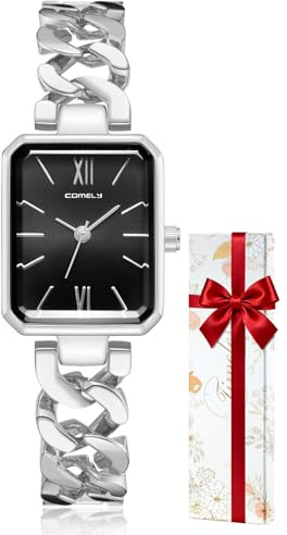 CIVO Damklocka rostfritt stål rektangulärt armbandsur för kvinnor elegant vattentät analog damklocka, Silver / svart, Standard, Armband