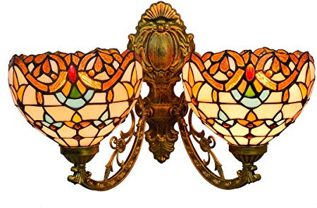 CraftedGlass Aplique de pared estilo Tiffany, 2 luces de 8 pulgadas con vitrales, lámpara de noche decorativa vintage de estilo barroco amarillo for dormitorio, sala de estar, pasillo y escaleras.