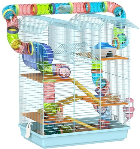 PawHut Gabbia per Criceti e Roditori a 5 Piani, Gabbietta per Criceti con Tubi Colorati, Ruota, Casetta e Accessori Inclusi, 47x30x59 cm, Azzurro