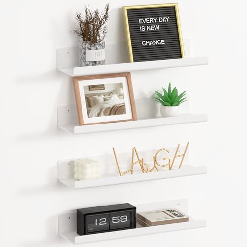 RICHER HOUSE 4 Pack White Acrylic Floating Shelves for Wall, 15x4 No Drill Bathroom Shelf, Dual-Mount (Adhesive or Screws) for Vinyl Record,Cosmetics,Room Décor Shelves for Bedroom,Office,Kitchen
