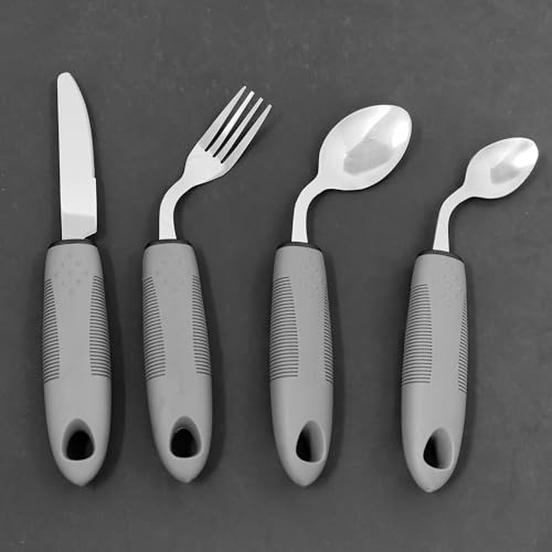 Juego de cubiertos de Parkinson de 4 piezas, antivibración, tenedor y cuchara angulados de 42°, cubiertos pesados para temblores, para personas con discapacidad, pacientes de edad avanzada (mano en L)