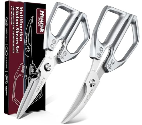 Huusk Kitchen Shears Set Silver - Professional Seafood & Kitchen Scissors Set, Sharp Japanese-Style Cooking Scissors for Crab, Shrimp, Lobster, Herbs and Food Prep, Christmas Gifts for Men Women