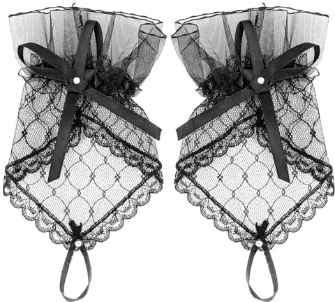 Mikovivi 2pcs Black Lace Fingerless Gloves for Women, Short Elegant Gothic Gloves with Bow and Rhinestone for Wedding Bridal Supplies Masquerade Cosplay Prom Tea Party Accessories