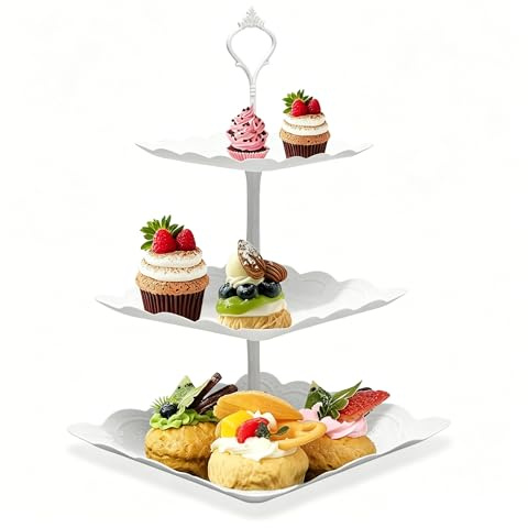 DYHNQE 3 Tier Afternoon Tea Stand, Plastic Tiered Cake Stand Square 3 Tier Cake Stand White Cupcake Stand for Weddings Birthdays Party Afternoon Tea Party
