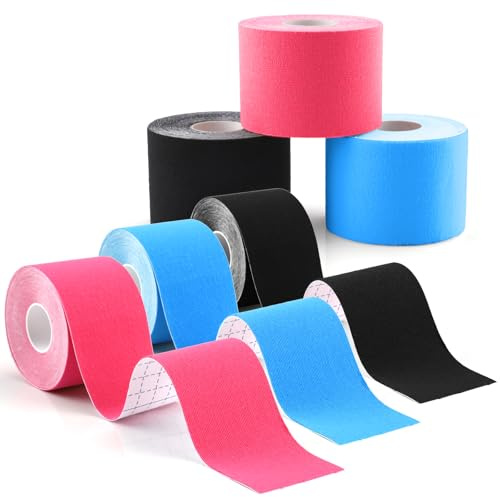 Foydream Tape Kinesiologico, 6 Rotolo Kinesio Tape, 5 cm x 5 m Kinesio Impermeabile Taping per Ginocchio, Spalla, Articolazione, Plantare (Nero, Rosa, Blu)