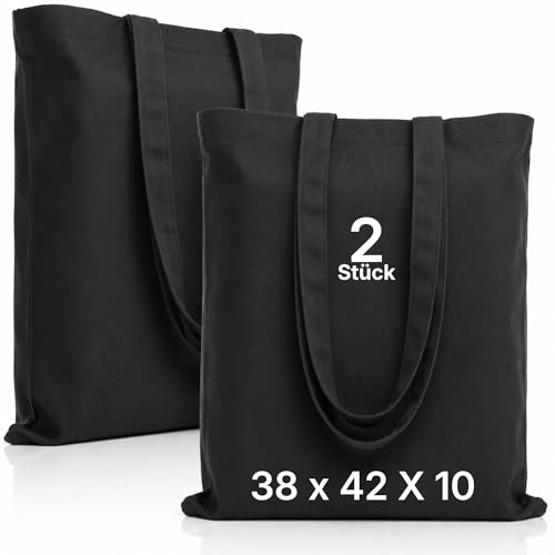 LEATEX große Baumwolltasche 38×42×10 cm – 145 g/m² - Stofftasche mit breitem Boden – unbedruckt zum Bemalen & Bedrucken – Einkaufstasche & Jutebeutel-Alternative – 2er Pack