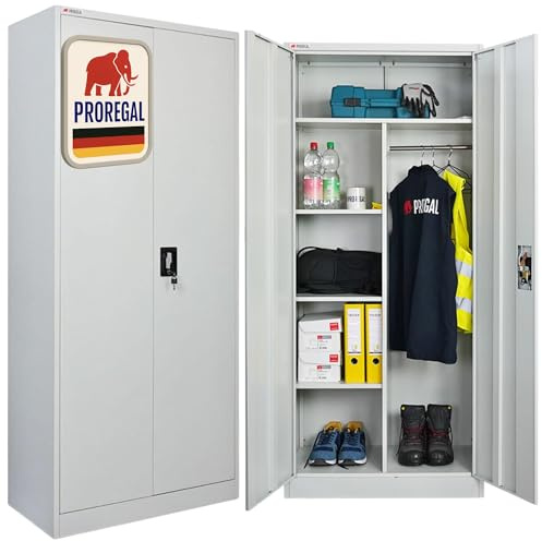 PROREGAL Flügeltürenschrank Elephant Metall Spind Schrank abschließbar 2 Türen 180x80x40cm Stahl 6 Fächern & Kleiderstange Stahlschrank Pulverbeschichtung Lichtgrau Garderobenschrank Aktenschrank