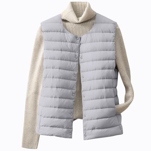 OVARA Puffer Gilet Women Lightweight Body Warmer Thermal Vest Ladies Sleeveless Down Quilted Jacket Button Up Round Neck Plain Casual Padded Gilets