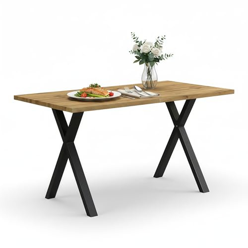 gonew21 Esstisch 140x80 cm platzsparend – Moderner Küchentisch in Eiche Optik, hochbelastbar bis 130 kg, Esszimmertisch mit Kreuzgestell für 4-6 Personen
