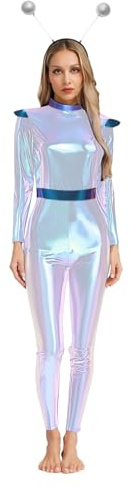 LiiYii Dam metallisk alien kostym glänsande astronaut body utomjordisk rymddräkt med alien band body wetlook för fest raave karneval maskerad silver glänsande 3XL