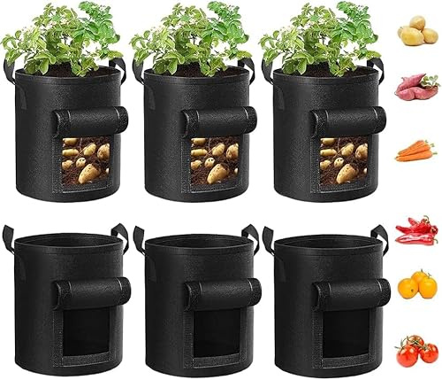 Airsnigi 15 Gallon Potato Grow Bags,6 Pack Plant Growing Bags Breathable Garden Growing Bag Planting Tomatoes, Vegetables, Strawberry with Window Flap and Handles,Black
