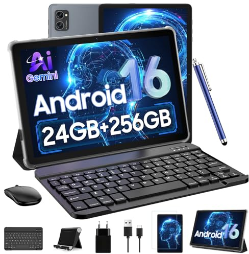 Tablet 10 Inch,Android 16 AI Tablets,24GB +256GB/2TB,FHD Gaming Tablet With Pen and Keyboard Kits,5G WiFi,Octa-Core,8MP AI Camera,Widevine L1+Stereo Speaker,GPS,Fast Charge