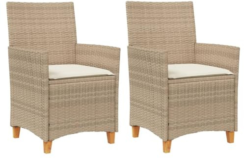 PTUGUOF Beige Poly Rattan Gartenstühle 2er Set mit Kissen, Massivholz Armlehnen, pulverbeschichteter Stahlrahmen, abnehmbare waschbare Bezüge, belastbar bis 110 kg pro Sitzplatz