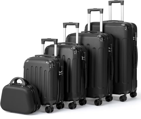 LALAHO Set de 5 Valises avec Vanity Case (Noir) | Valise Grande Taille/Cabine avec Renforts d'angle, Petite Valise, Bagage Suitcase en ABS