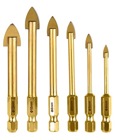 TIMESETL 6 pcs Perceuse à Verre Hexagonale Till Foret avec revêtement en Titane Céramique Foret 4mm / 5mm / 6mm / 8mm / 10mm / 12mm Forage Outil pour Miroir Carreau de Verre