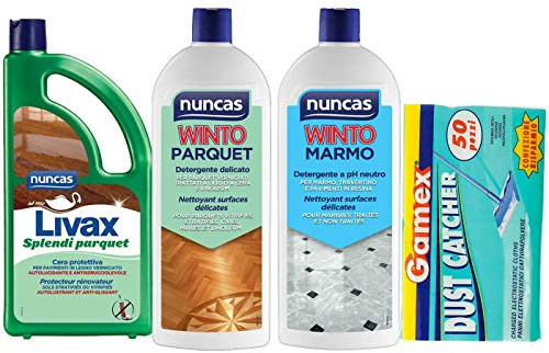 Nunca - Juego de detergente para limpieza de suelos – Livax cera espléndidos parquet 1 l – WINTO PARQUET 1 litro + 50 paños electrostáticos atrapapolvos 22 x 29 cm.