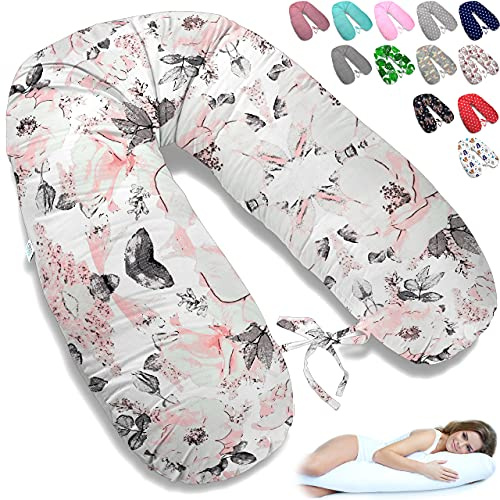 ekm trade 170cm XXL Stillkissen Schwangerschaftskissen Lagerungskissen Seitenschläferkissen große Farbwahl Handmade Baumwolle 100% aus Zertifizierte Materialien (33 – Weiß – Blumen)
