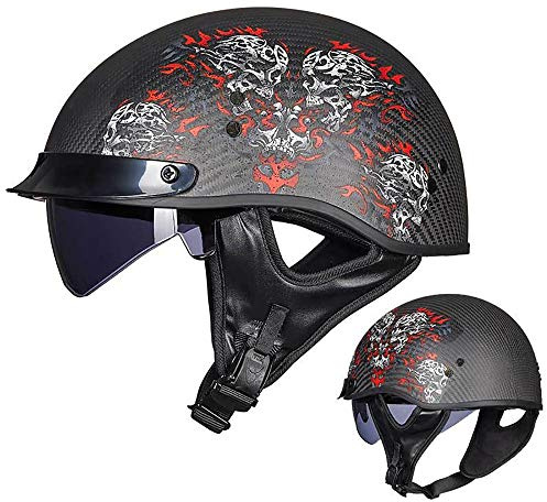 TKTTBD Brain-Cap Retro Halbschalenhelm,Harley-Schaufelhelm Aus Kohlefaser Vintage Jet Heavy Cruiser Motorrad Mit UV-Schutz Goggles DOT/ECE Zertifiziert Vier Jahreszeiten Unisex