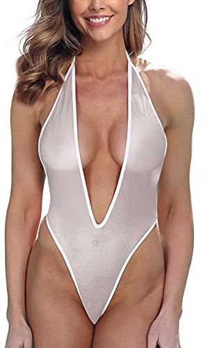 LAMORTY Sheer When Wet Swimsuit See Through Bodysuit Mesh Monokini One Piece Thong Bathing Suit Fishnet Teddy White