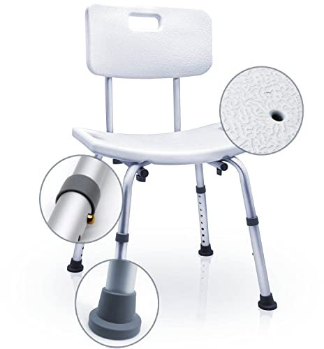 Duschstuhl mit Rückenlehne und Anti-Rutsch - Duschsitz höhenverstellbar - Duschhilfe stabil bis 136 kg - Badhocker aus Kunststoff mit Aluminium-Gestell