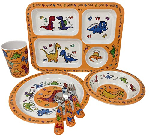 HTUK Dinosaur Kids Dinner Set 5 Piece – Children's Dinnerware Set with Plate, Bowl, Cup, Spoon & Fork – BPA Free Reusable Plastic Tableware – Lightweight Dishwasher Safe Feeding Set for Boys & Girls