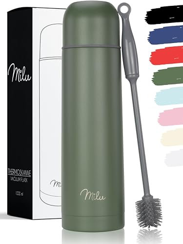 Milu Vacuum Insulated Flask 1L, 750ml, 500ml - Thermo Water Drinking Bottle with Cup for Hot & Cold Drink - Stainless Steel, 100% Leak-Proof (Olive Green, 750ml)