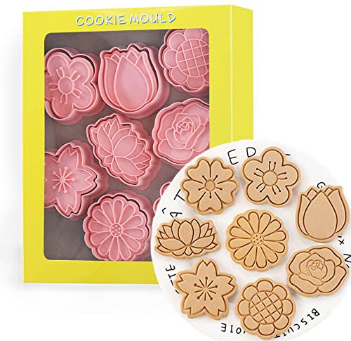 Tuxxzis Set di 8 formine per biscotti a forma di fiori 3D a rosa, tulipano, narciso, margherita, giglio, orchidea, Sakura, loto, girasole, per dolci e bomboniere