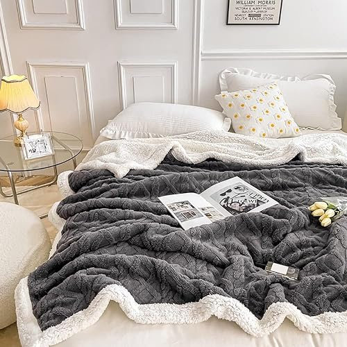 WONGS BEDDING Kuscheldecke 220x240 Flauschig Sherpa Decke, Sofaüberwurf Fleecedecke, Dick Sofadecke Doppelgesicht Extra Warme & Weiche Couchdecke Grau Wohndecken