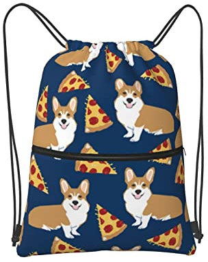 SJOAOAA Drawstring Bag Corgi Pizza Navy Blue Drawstring Zipper Backpack Water Resistant String Bag Sports Sackpack Gym Sack With Side Pocket For Men Women
