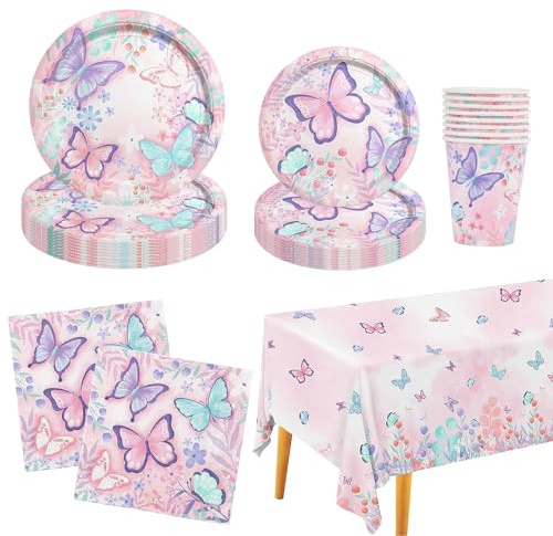 Schmetterling Partygeschirr 51 Stück Schmetterlinge Pappteller Kindergeburtstag Set für Jubiläum Geburtstag Picknick-7''/9''Pappteller, Servietten, Tischdecke, Pappbecher