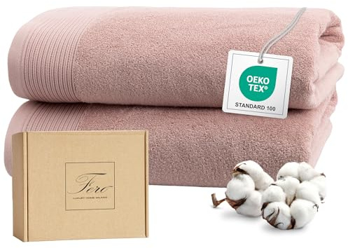 Ferò Set Asciugamani Bagno Grandi di Lusso, 2 Teli Bagno, OEKO-TEX 100% Cotone Premium Low Twist 550 g/m², Telo Doccia Ultra Morbido e Assorbente, Design Italiano, Asciugamani Doccia 70x140cm, Rosa