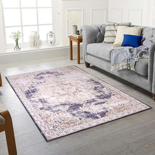 Rugstore shop ltd Washable Rugs Living Room Large Purple Rug Non Slip Vintage Rugs for Bedroom Soft Short Pile Rugs Oriental Area Rugs Kitchen Rugs for Living Room Dining Room-120 X 170