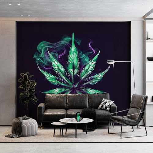Wandtapete Pflanzenblätter Cannabisblattstreifen Fototapete, Schwarz Vliestapete Bild Dekoration Wand-Dekor, 350 x 256 cm (WxH) Tapete Panorama Poster Für Mädchen, Jungs Schlafzimmer Wohnzimmer