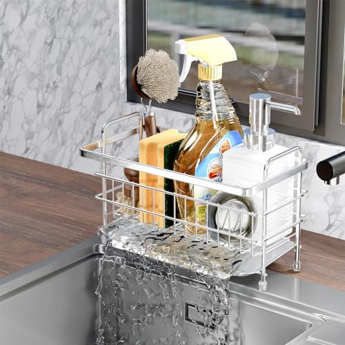 PAVSTINE Spülbecken Organizer Küchen mit Abtropfschale, Spüle Organizer 304-Edelstahl, Schwammhalter Spülorganizer Wände und Arbeitsplatte Dual-Use, Leicht zu reinigen Küchenorganizer（Silbrig）
