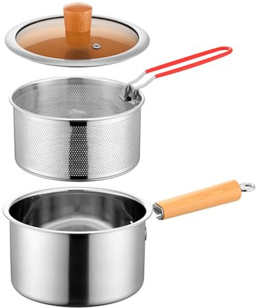 Deep Fryer Pot & Basket - 1200ml Stainless Steel Chip Pan for French Fries and Tempura, Japanese Style Pan with Ergonomic Handle (20x10cm 304)