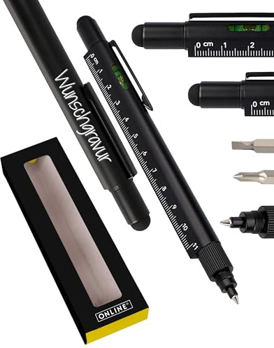 Online Männer Geschenk Stift 6-in-1 mit persönlicher Namens-Gravur Schwarz I Multitool Stift personalisiert I Multifunktions-Kugelschreiber und Werkzeug I Geschenk für Mama, Papa, Handwerker
