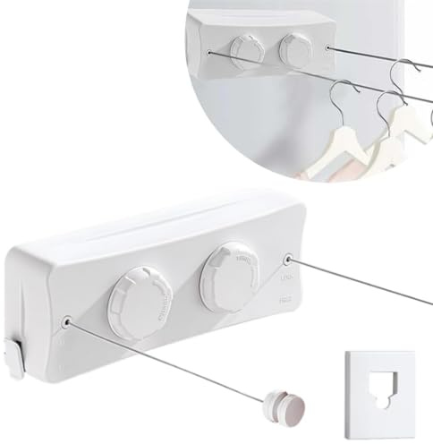 aichilra Stendibiancheria retrattile, Filo stendibiancheria retrattile per interni, Manopola di tensione regolabile, adatto per balcone, lavanderia, camera da letto, 2 * MAX 5,1M