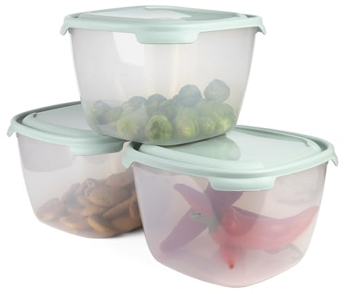 PROFUN Juego grande de cuencos con tapa, cuenco de plástico, recipientes herméticos, utensilios para microondas, recipientes apilables, 3 botes de 5,8 l, color menta