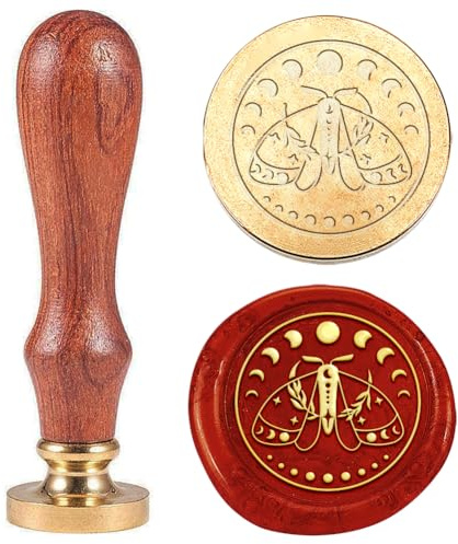 Hobbspring 1pc Magic Moth Wachs-Siegel-Stempel Mondphase Wachs-Siegel-Stempel 25mm Vintage Blatt Wachs-Stempel abnehmbaren Messingkopf Stempel mit Holzgriff für Umschlag Karte Geschenk Dekoration
