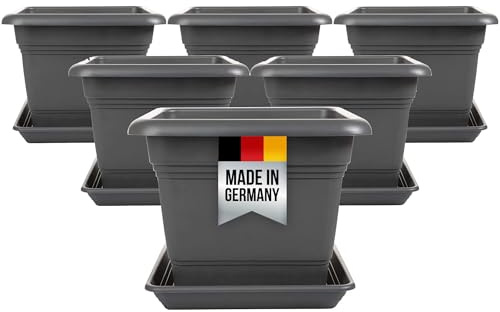 SUSTANIA 6er Set Blumentopf Gross mit Untersetzer 28x28 cm eckig, 16 Liter, Pflanzkübel Groß aussen, Tomaten Kübel Blumenkübel Pflanztopf, Made in Germany, Anthrazit