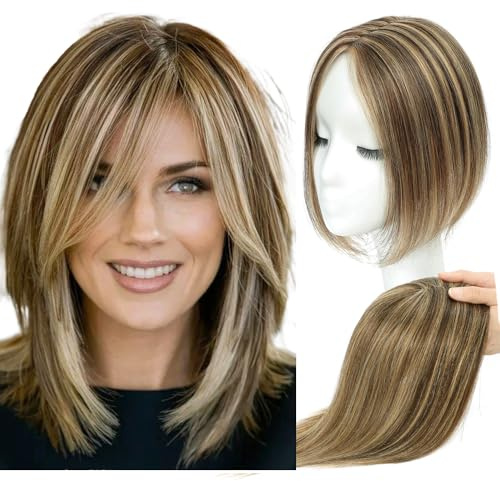 Lagomance Haaraufsatz mit dünner werdendem Haar, 100 % Echthaar, 25,4 cm, Mittelbraun gemischt, Blond, Haarteile für Damen, 120 % Dichte, Haarteile für dünner werdendes Haar, #427