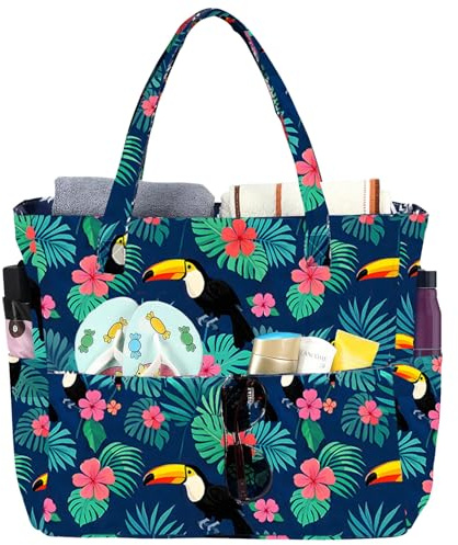 Joyesplay Strandtasche Groß,Strandtasche XXL familie mit Reißverschluss Damen Wasserdicht Sanddicht Beach Bag Sommertasche Schwimmtasche für Strand Reisen Einkaufen Pool (Purpur Tukanvogel)