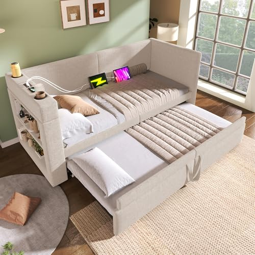 Rtopsu Schlafsofa Tagesbett 90x200 cm mit Ausziehbett und USB-C, Sofabett mit Offene Ablageflächen und Getränkehalter, Einzelbett mit Lattenrost aus Holz, Leinen-Mischgewebe, Beige, Ohne Matratze