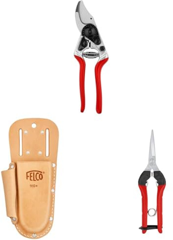 FELCO 14 Kompakt-Gartenschere mit Lederholster 910+ und Leseschere 322 – Kleines Set für feine Erntearbeiten und präzise Schnitte